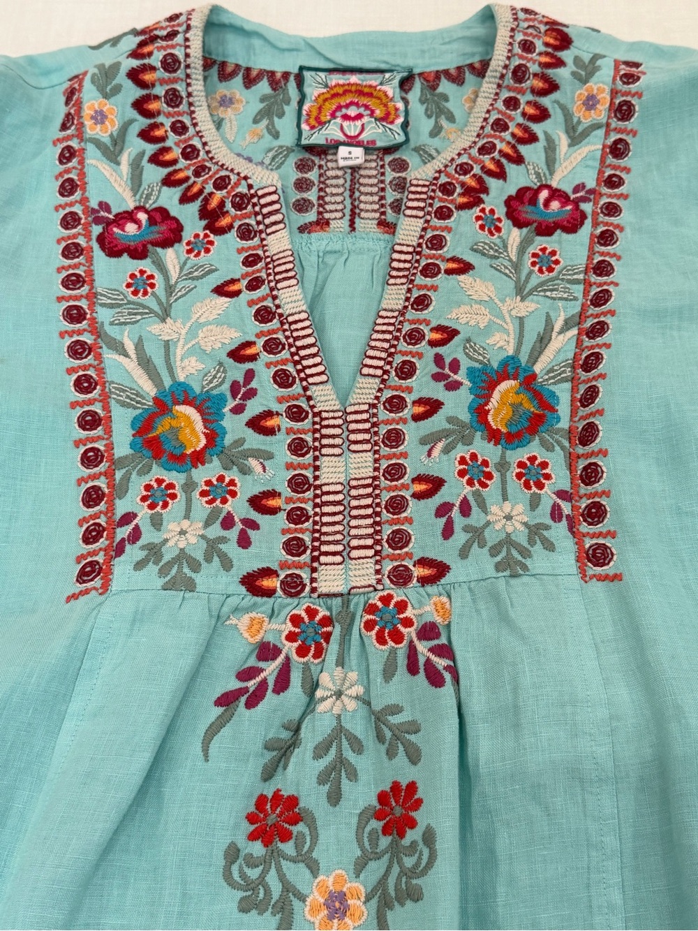 Johnny Was Aqua Linen Embroidered Boho Tunic Top Womens Small Floral